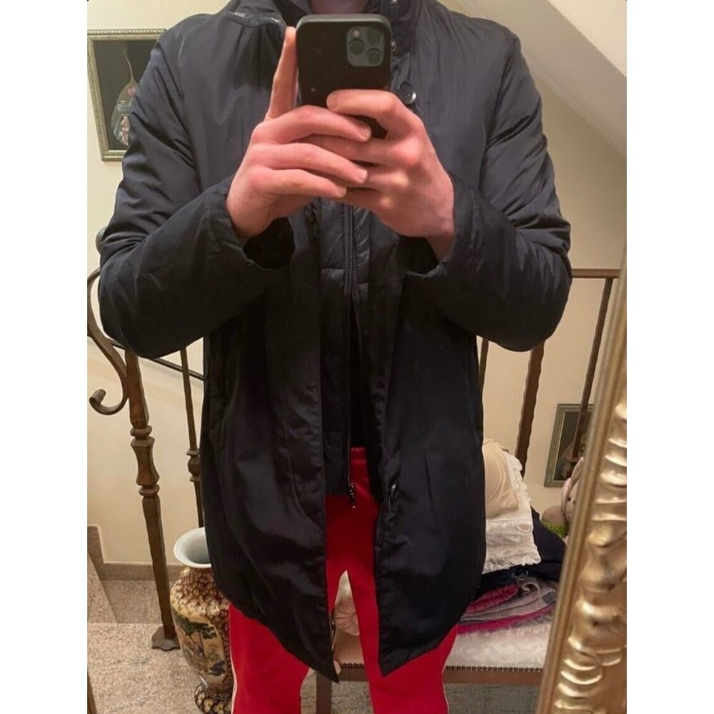 Ovs Vintage Long Coat Jacket Nylon Shiny Navy Blue Inner Lining Small